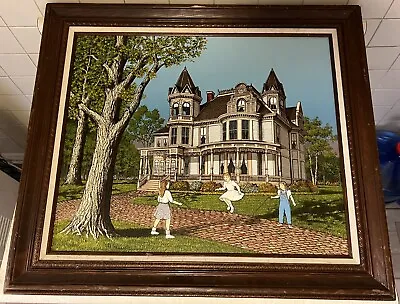 H. Hargrove Canvas Oil Painting Print Victorian House Kids Framed 30” L X 26” H • $28.79