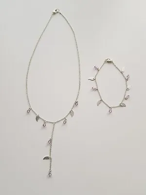 £0.99 • Buy Silver Coloured Delicate Necklace And Bracelet Set - Lilac Beads & Silver Leaves