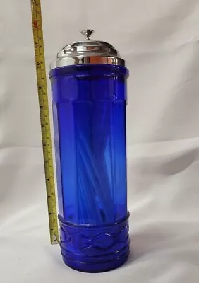 Vintage Cobalt Blue Glass Straw Dispenser Straw Holder Kitchen Decor • $34.99