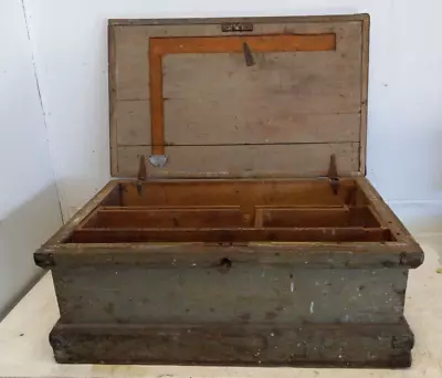 Antique Wood Carpenter's Chest Tool Box Old Green Paint Canvass Covered Top • $47.20