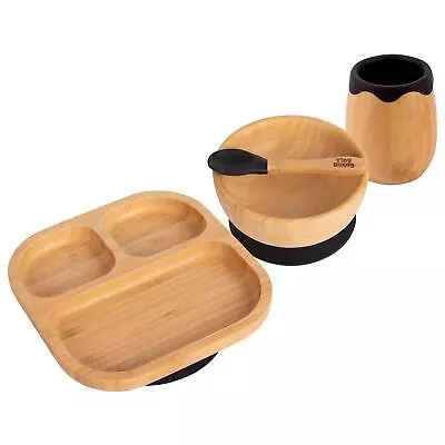 4pc Tiny Dining Black Divided Bamboo Baby Feeding Set Weaning Plate Bowl Spoon • £23