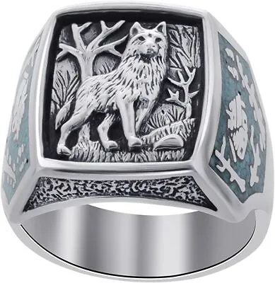 Men's Southwestern Style Turquoise Wolf Silver Ring Jewelry Gift Size 11 • $1.02
