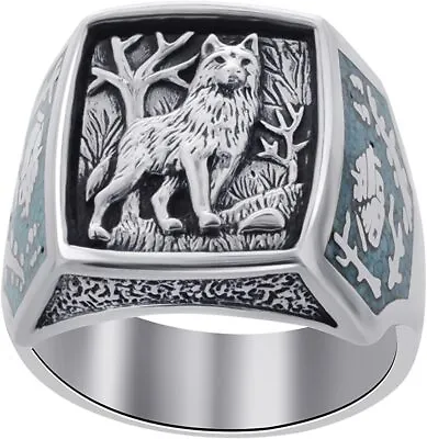 Men's Southwestern Style Turquoise Wolf Silver Ring Jewelry Gift Size 12 • $0.01