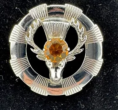 Vintage MIZPAH Stag Head Yellow Topaz Rhinestone Silvertone Brooch • $25.35