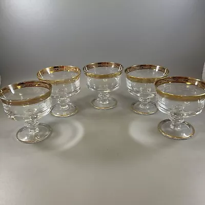 Set - 5 Murano Dessert Glasses Crystal Etched Gold Encrusted Scroll Band Vintage • $75