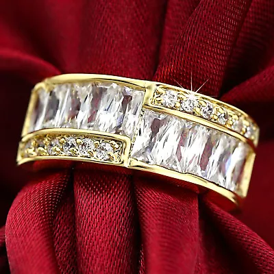 18K YELLOW GOLD GF WOMENS VINTAGE Baguette Diamante 8MM BAND WEDDING DRESS RING • $6.42