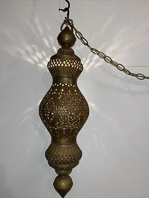Vtg Turkish Moroccan Teardrop Lamp Ceiling Swag Light Pierced Brass • $269.99