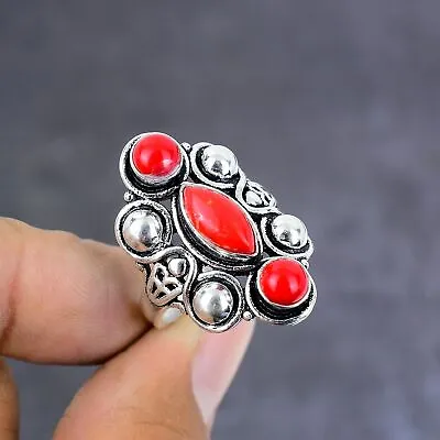 Italian Red Coral Gemstone Handmade 925 Sterling Silver Jewelry Ring Size 10 • $7.99