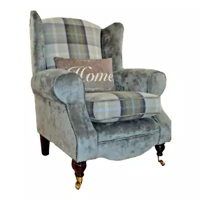 Wing Back Queen Anne Accent Chair Blue Tartan Seating Area & Plain Grey Fabric  • £479