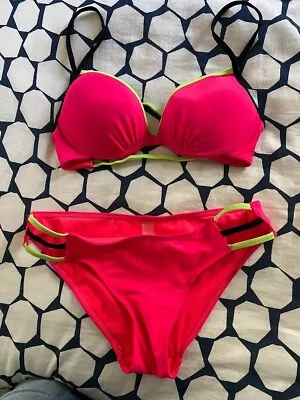 CORAL TROPICS By Apollo 2 Piece Strappy Padded Push-Up Bikini Coral Red Sz Med • $8.99