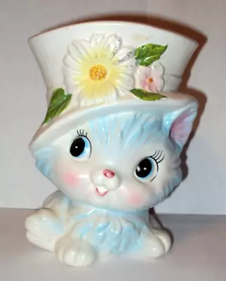 Vintage Ceramic Cat Planter Vase Kitten Kitty Blue Pink Hat Flowers A566 Inarco • $99.95