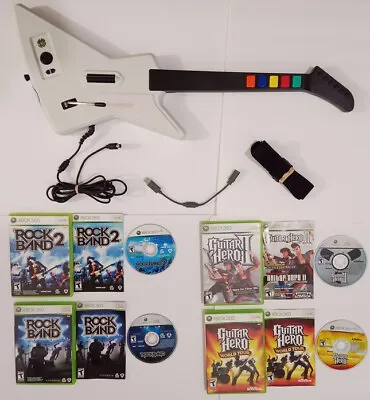 $179 • Buy Guitar Hero 2  Rock Band Gibson Xplorer Xbox 360 W/ 4  Games Bundle Dongle Strap
