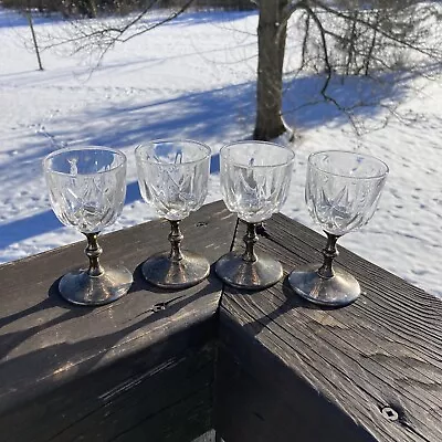 Vintage Set Of 4 Cut Glass Cordial Stemware Silver Plated Stems 3-3/4” Tall • $20.21