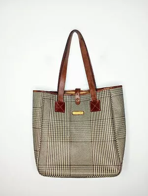 Vintage Polo Ralph Lauren Houndstooth Leather Coated Canvas Tote Bag • $60