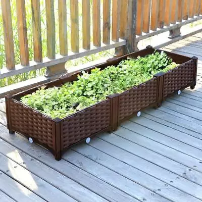 Set Of 3 Brown Raised Flower Bed Rattan Effect Garden Lawn Fence Planter Pot  • £23.93