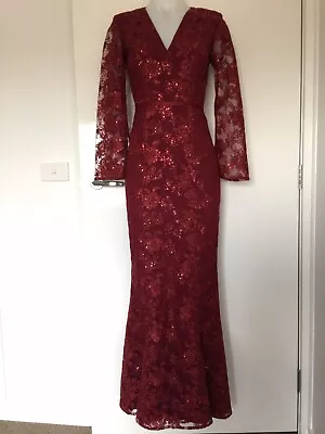 Elle Zeitoune Formal Wedding Party Dress V Neck Lace Sequin Split Sleeve Size 8 • $235