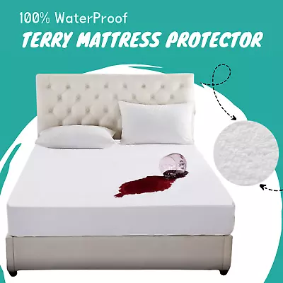 100% Waterproof Terry Towel Mattress Protector Fitted Sheet Bed Cover All Sizes • £6.99