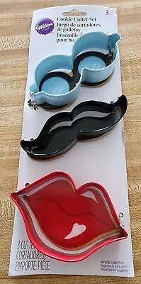 Wilton Cookie Cutter Set 3 Shapes Red Lips Black Mustache & Light Blue Glasses • $6.99