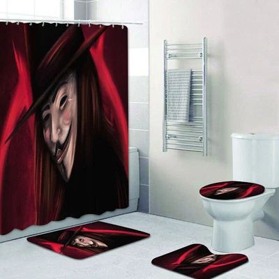 $44.21 • Buy 4pcs V For Vendetta  Bath Rugs Set Shower Curtain Floor Mats Toilet Lid Cover
