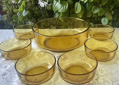 VTG MCM BORMIOLI Vitrosax Honey Amber Glass 7-Pc Salad Set - Italy • $40