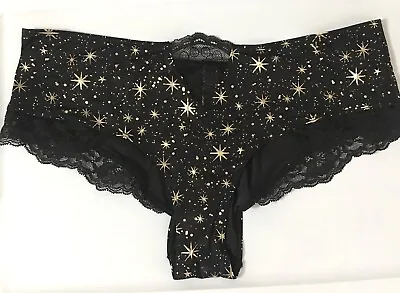 Victorias Secret Very Sexy Black Gold Stars Cheeky Panty Micro Lace Inset Silky • $24.23
