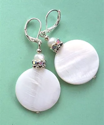 White MOTHER OF PEARL AB CRYSTAL Earring SP LEVERBACK Artisan XX • $5.25