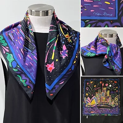 KEN DONE Vintage 80s Sydney Harbour Fireworks Scarf 61cm X 61cm Collectors Item • £66.59