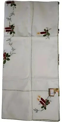 NEW Vintage Hand Embroidered Christmas Tablecloth W Holly & 6 Napkins 72” X 54” • $69.77
