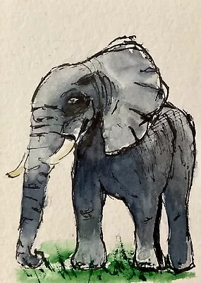 ACEO Original Miniature Pen And Wash Sketch Of A Elephant. Original  Artwork. • £4