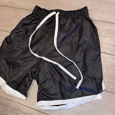 NOS Vintage Athletic Shorts STRIPED Black Glanz Nylon Wet Look Boys Youth MEDIUM • $14.99