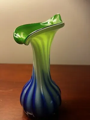 Green Jack In The Pulpit Glass Vase 7 1/2  Blown Art Glass     Green White Blue • $14.99