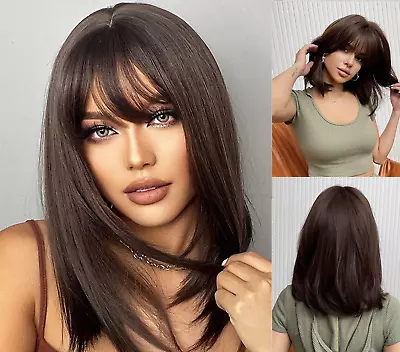 Womens Dark Brown Wig With Bangs Layered Hair Medium Long Straight Wigs UK • £7.49