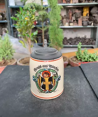 Vintage Gruss Aus Munchen Stein  Little Monk  Children's Mug With Brass Lid • $259
