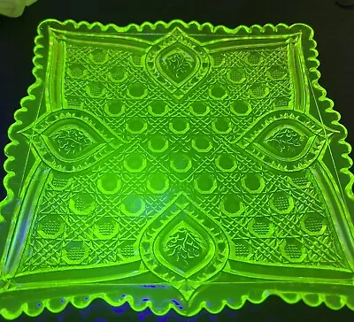 Mosser Vaseline Glass Elizabeth Quilted Uranium Sandwich Plate • $50