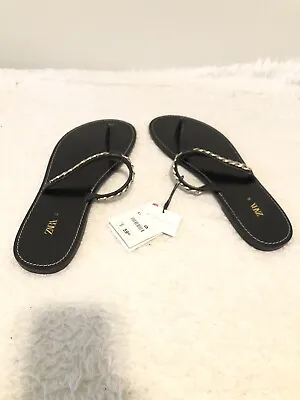 $19 • Buy Zara Womens Chain Detail Black Leather Thongs Flip Flops Sandals Size 41