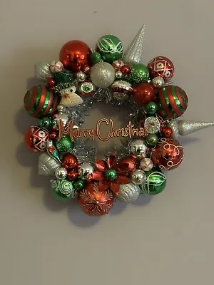 Vintage Mercury Glass Wreath Shiny Brite Ornaments Red Green Silver  14” • $99