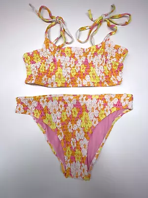 H&M Bikini Swimsuit Womens 10 12 Yellow Floral Smocked 2 Piece • $7.99