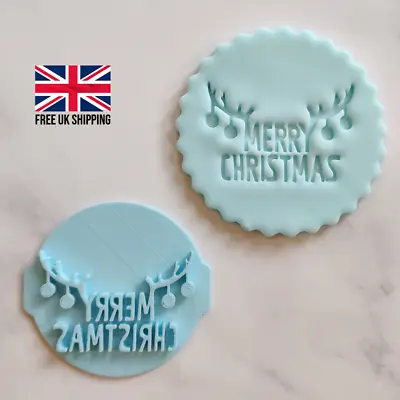 £4.95 • Buy Merry Christmas Antlers Embosser Fondant Stamp Cupcake Cookie Cutter Topper