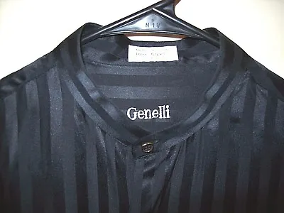 Vintage Mens Genelli Jet Black Tone On Tone Stripe Silk Shirt Nehru Collar S • $199.99