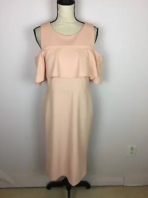 Beige By Eci Midi Sheath Dress Size 10 Womans Beige Pink Cold Shoulder Stretch • $23.99