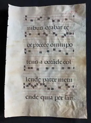 17th C Medieval Vellum Antiphonal Manuscript Music Leaf Latin Gregorian Chant • $50