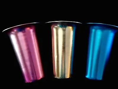 Vintage Anodized  Aluminum Tumblers (3) Red Gold & Blue  • $19.95