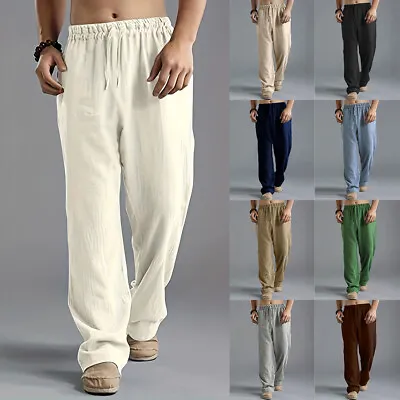 Mens Cotton Linen Wide Leg Harem Pants Elastic Waist Baggy Casual Beach Trousers • £12.39