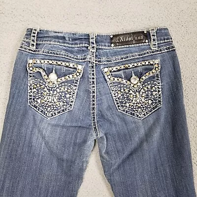 LA Idol Jeans Womens 11 Jr Blue Bootcut Studded Fleur De Lis Rhinestone Western • $24.95