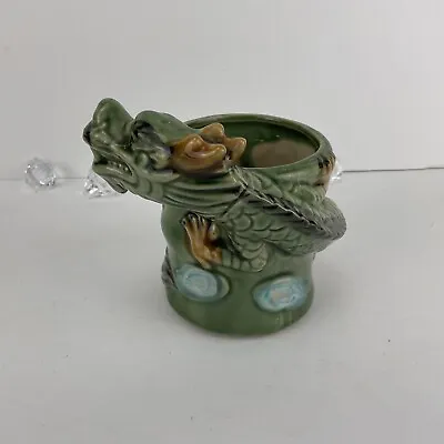 Vintage Dragon Bamboo Green Glazed Majolica Style Vase Pot Planter 4  Wraparound • $39.67