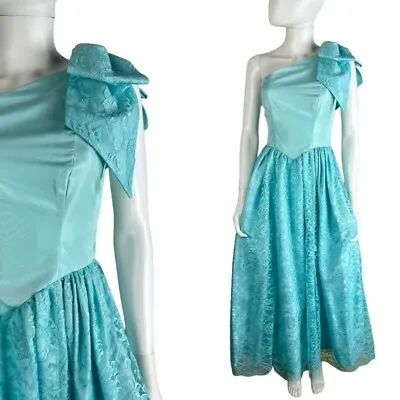 Vtg 90s Blue Lace One Shoulder Bow Prom Party Dress Gown Womens Size Small • $79.99