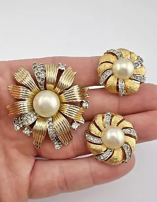 Vintage Joseph Mazer Jomaz Gold Rhinestone & Pearl Floral Brooch & Earrings Set • $295