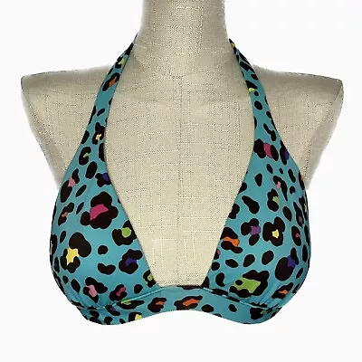 Victoria Secret Leopard Print Blue Teal Cheetah Push Up Halter Bikini Top Size M • $15