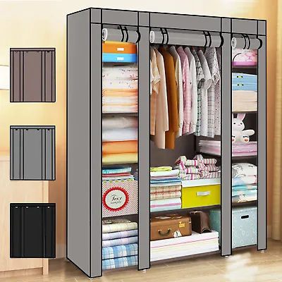 Practical Fabric Canvas Wardrobe Hanging Rail Shelving Clothes Storage Cupboard • £16.49