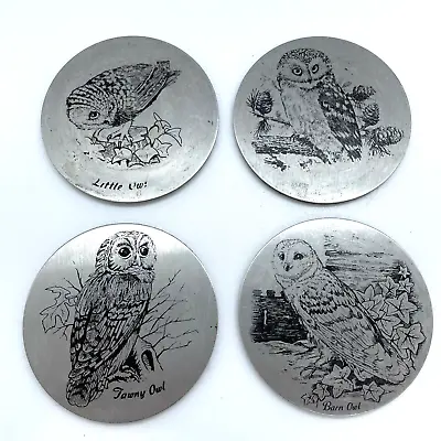 £4.99 • Buy Set Of 4 Owl British Wild Bird Animal Silver Metal Round Coasters Home Decor